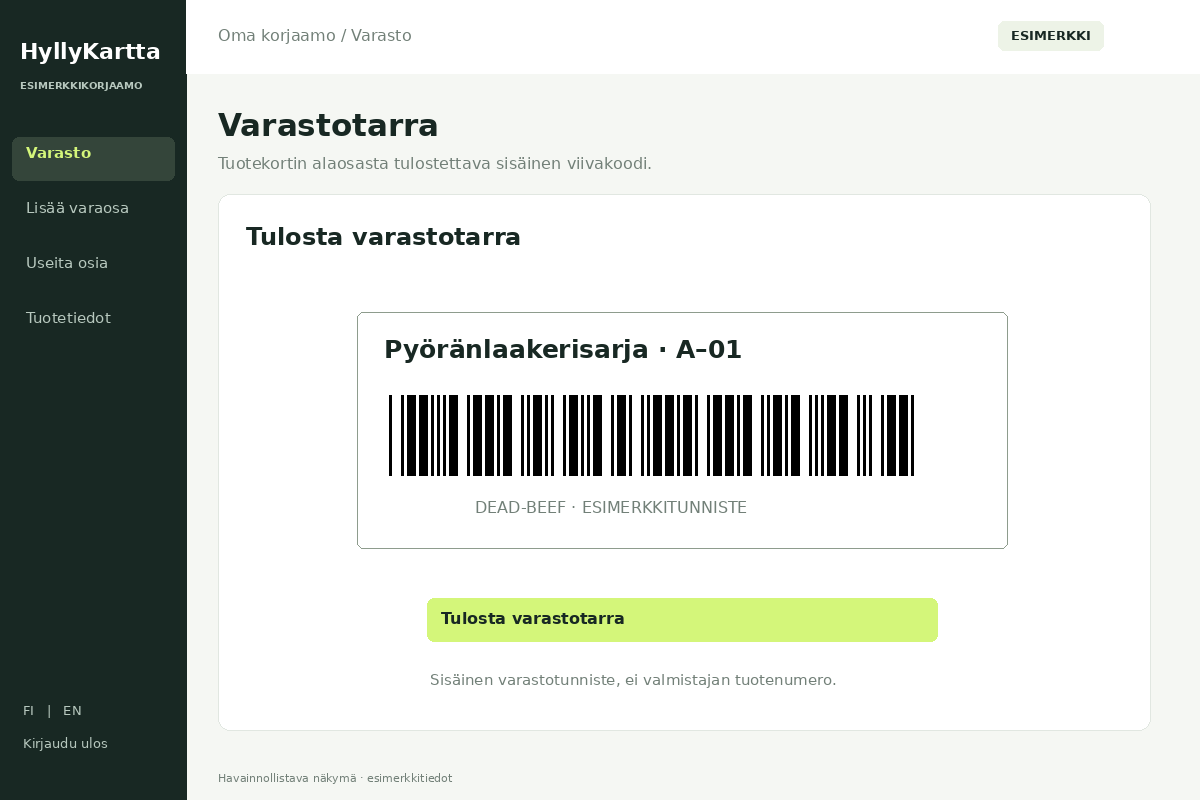 HyllyKartta – Tulostettava varastotarra. Havainnollistava esimerkkinäkymä.
