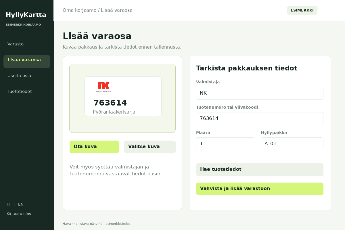 HyllyKartta – Lisää osa kuvasta tai käsin. Havainnollistava esimerkkinäkymä.
