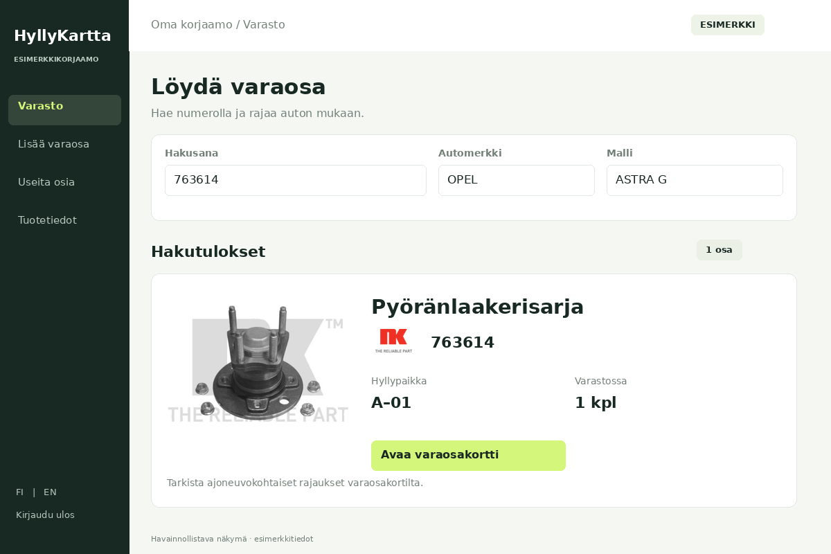 HyllyKartta – Löydä osa numerolla tai autolla. Havainnollistava esimerkkinäkymä.