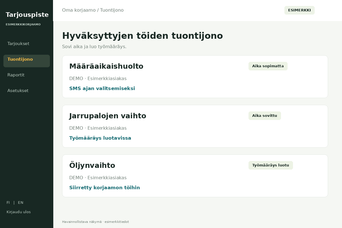 Tarjouspiste – Hyväksyttyjen töiden tuontijono. Havainnollistava esimerkkinäkymä.
