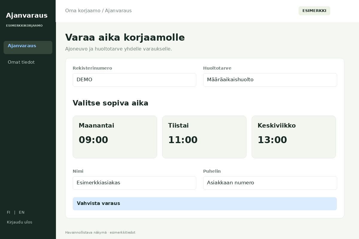 Korjaamon verkkosivut – Asiakkaan ajanvaraus. Havainnollistava esimerkkinäkymä.