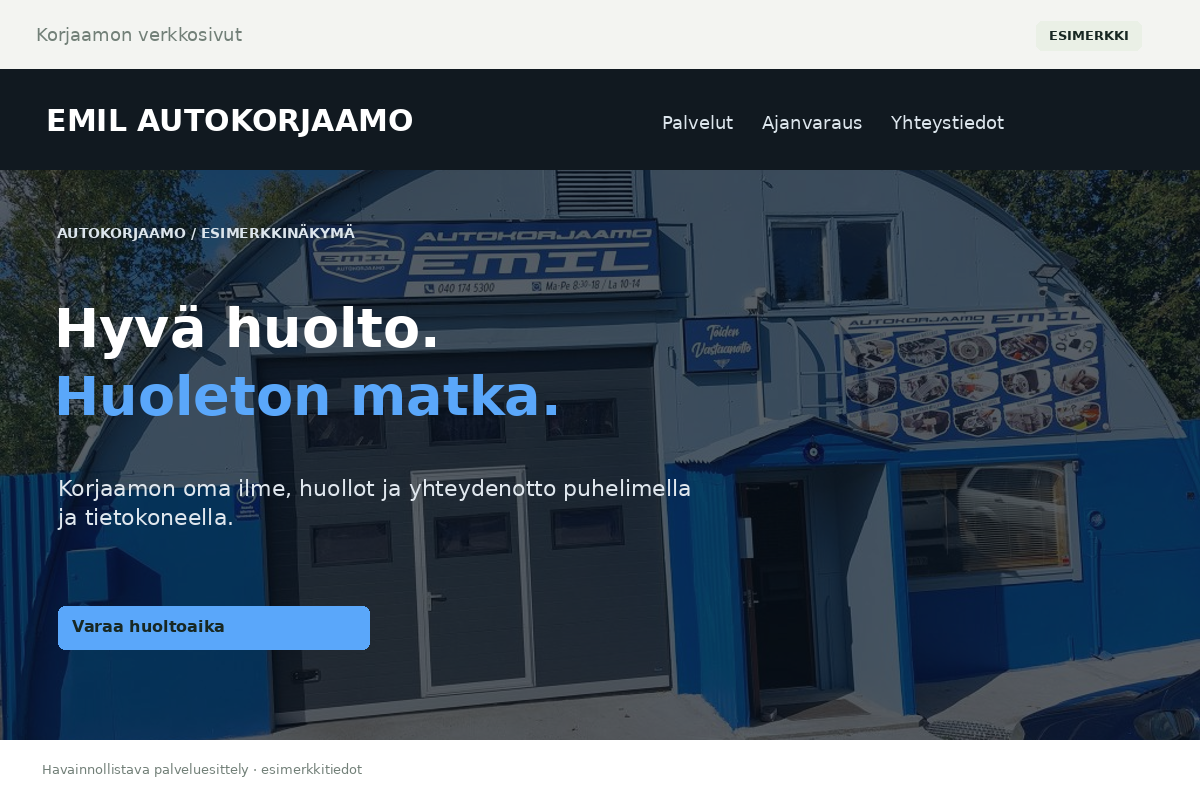 Korjaamon verkkosivut – Autokorjaamo Emil. Havainnollistava esimerkkinäkymä.