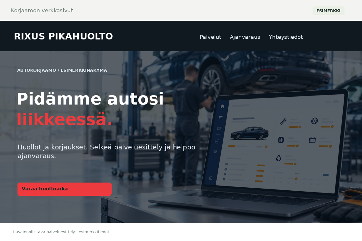 Korjaamon verkkosivut – Rixus Pikahuolto. Havainnollistava esimerkkinäkymä.