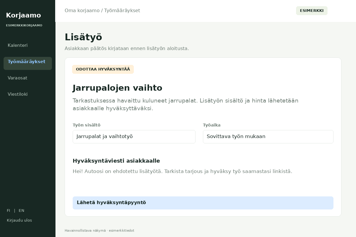 Korjaamo-ohjelma – Lisätyön hyväksyntä. Havainnollistava esimerkkinäkymä.