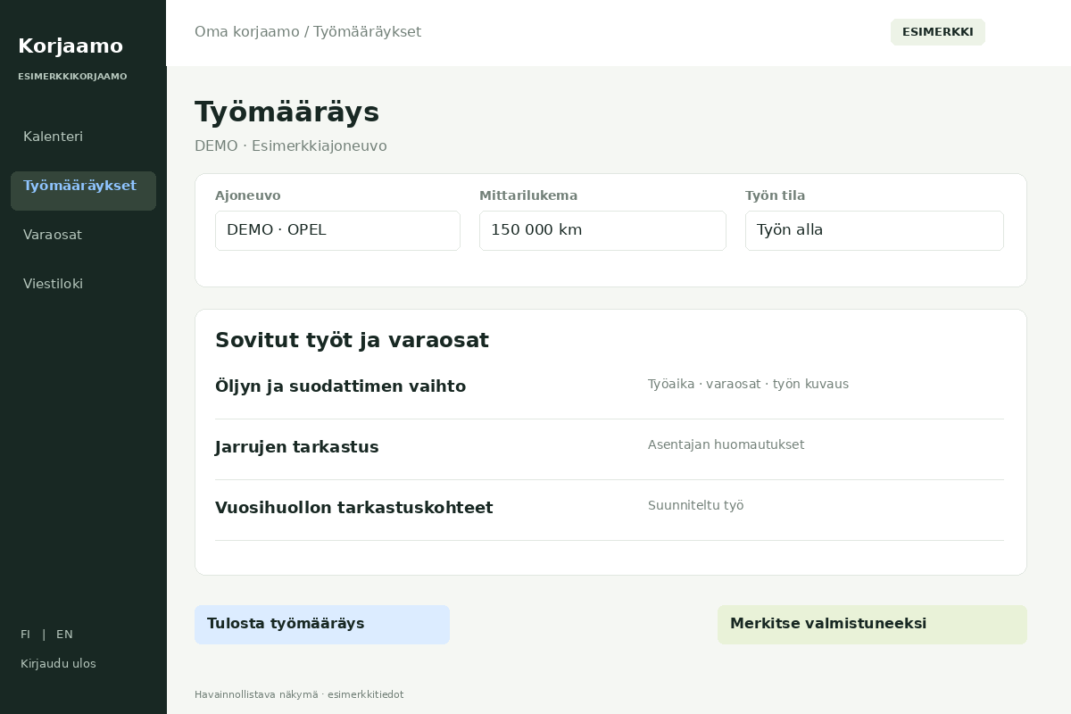 Korjaamo-ohjelma – Työmääräys. Havainnollistava esimerkkinäkymä.